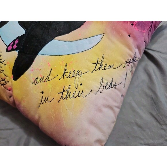 Artisan Signed Hand Painted & Embroidered Throw Pillow Colorful Cat Theme - Picture 4 of 8